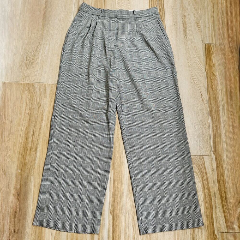 Nine West NWT Woman’s Wide Leg High Rise Black Plaid Pleated Front Size 12